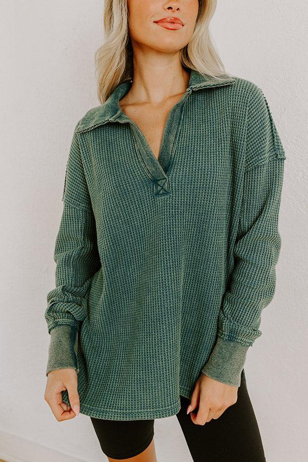 Cozy Cues Waffle Knit Top in Hunter Green Product Image