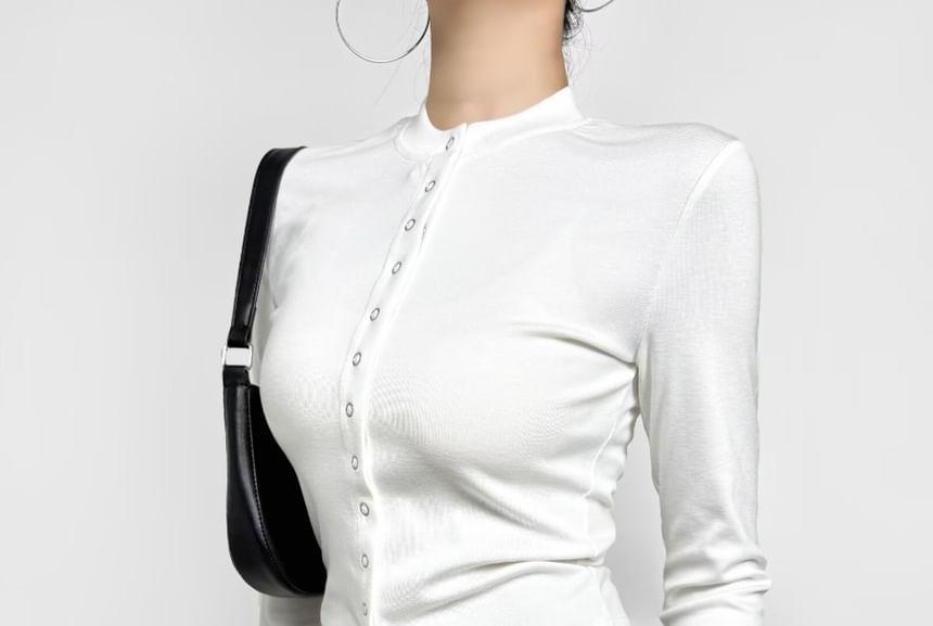 Mock Neck Plain Button-Up Crop Cardigan Product Image