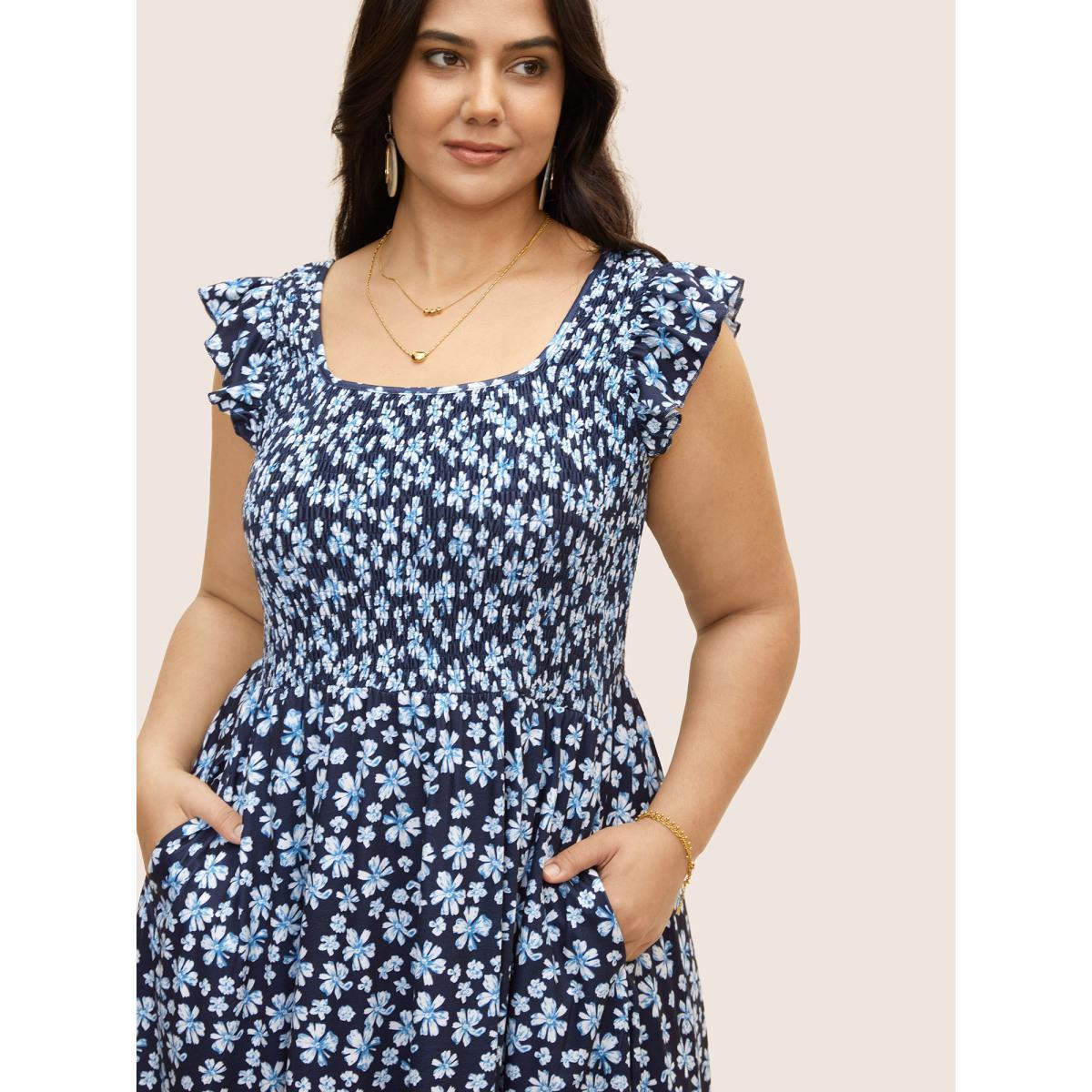 Plus Size Ditsy Floral Shirred Ruffle Trim Midi Dress DarkBlue Women Elegant Shirred Square Neck Cap Sleeve Curvy BloomChic 14-16/1X Product Image