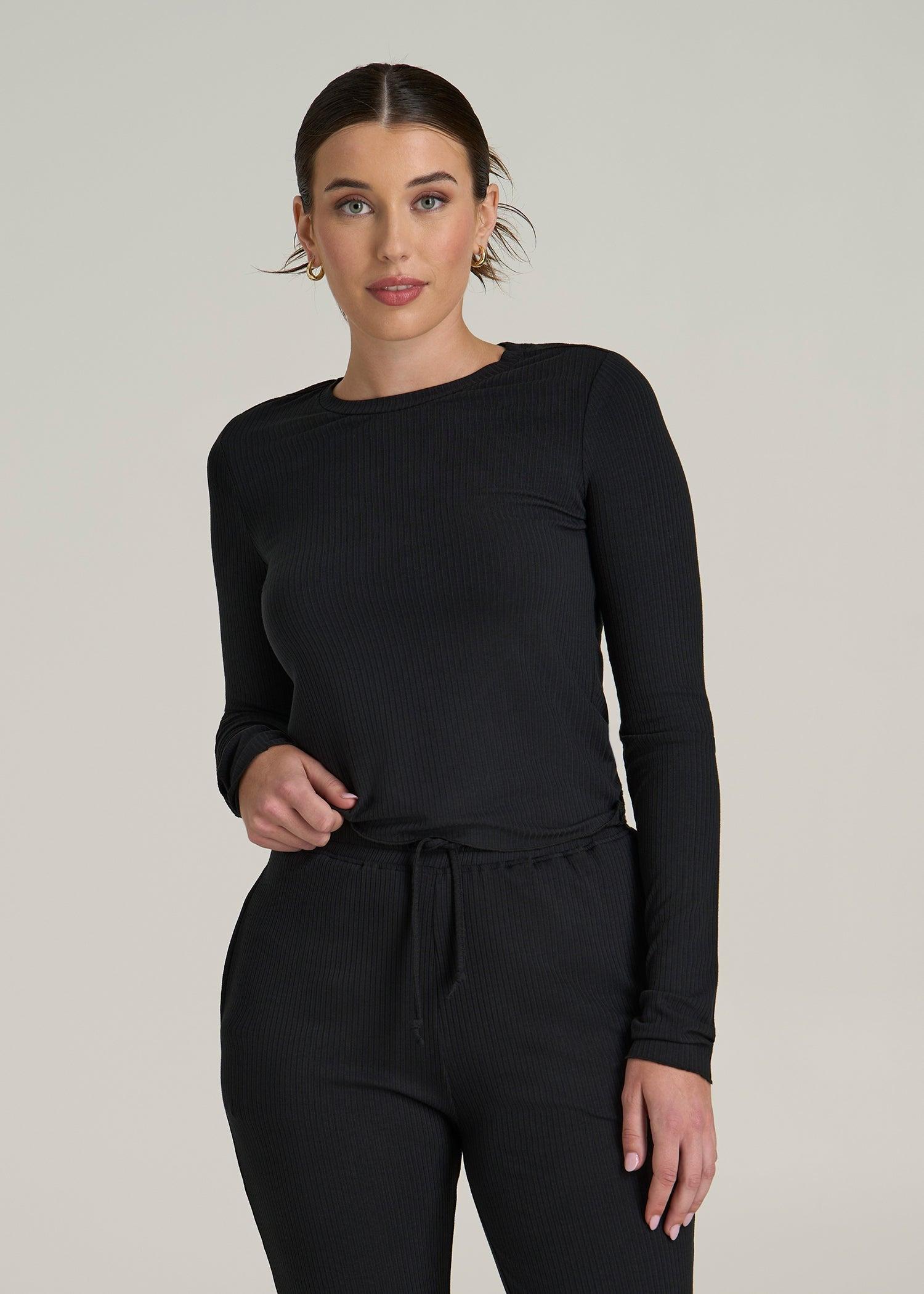 Lightweight Ribbed Cropped Lounge Shirt for Tall Women in Black Female Product Image