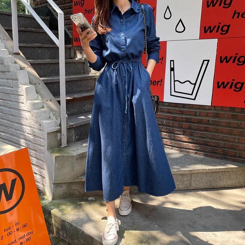 Long-Sleeve Denim Maxi A-Line Shirt Dress Product Image