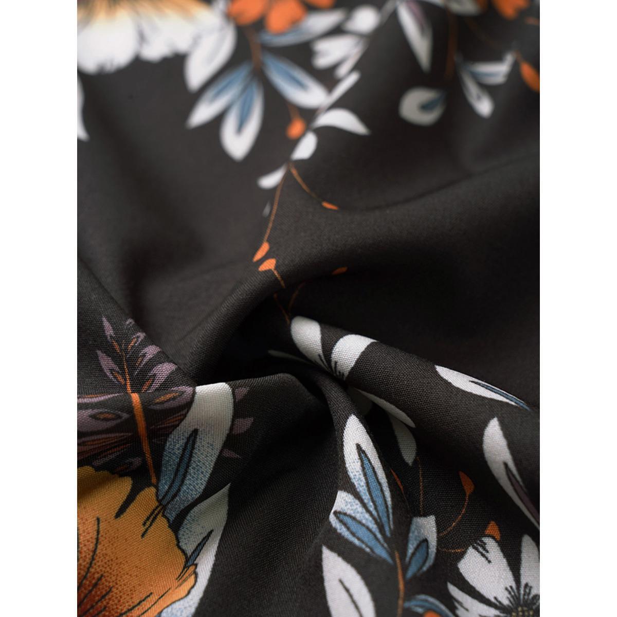 Plus Size Black Boho Print V Neck Button Detail Gathered Blouse Women Vacation Elbow-length sleeve V-neck Vacation Blouses BloomChic 30/6X Product Image