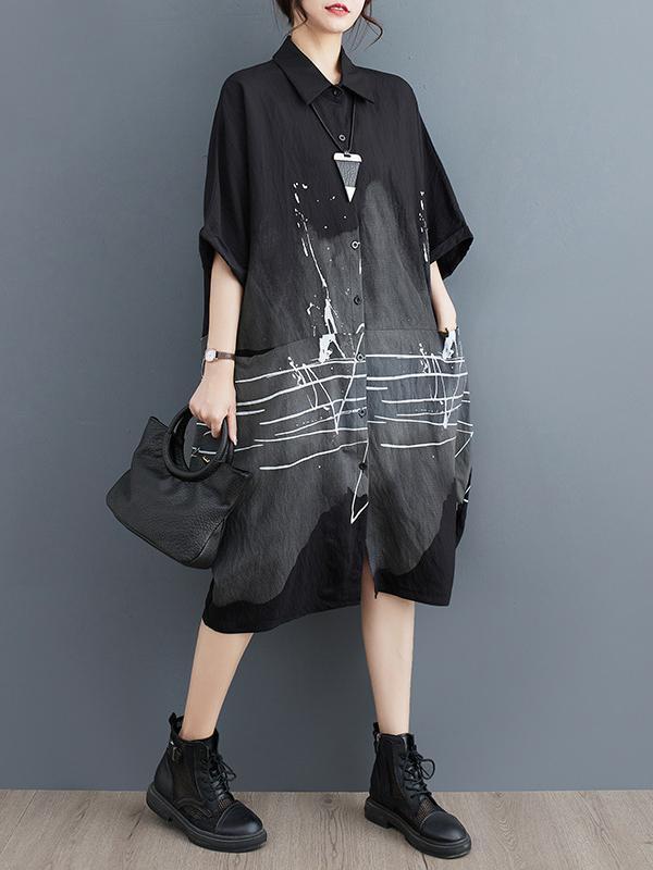 Half Sleeves Loose Printed Lapel Midi Dresses Product Image