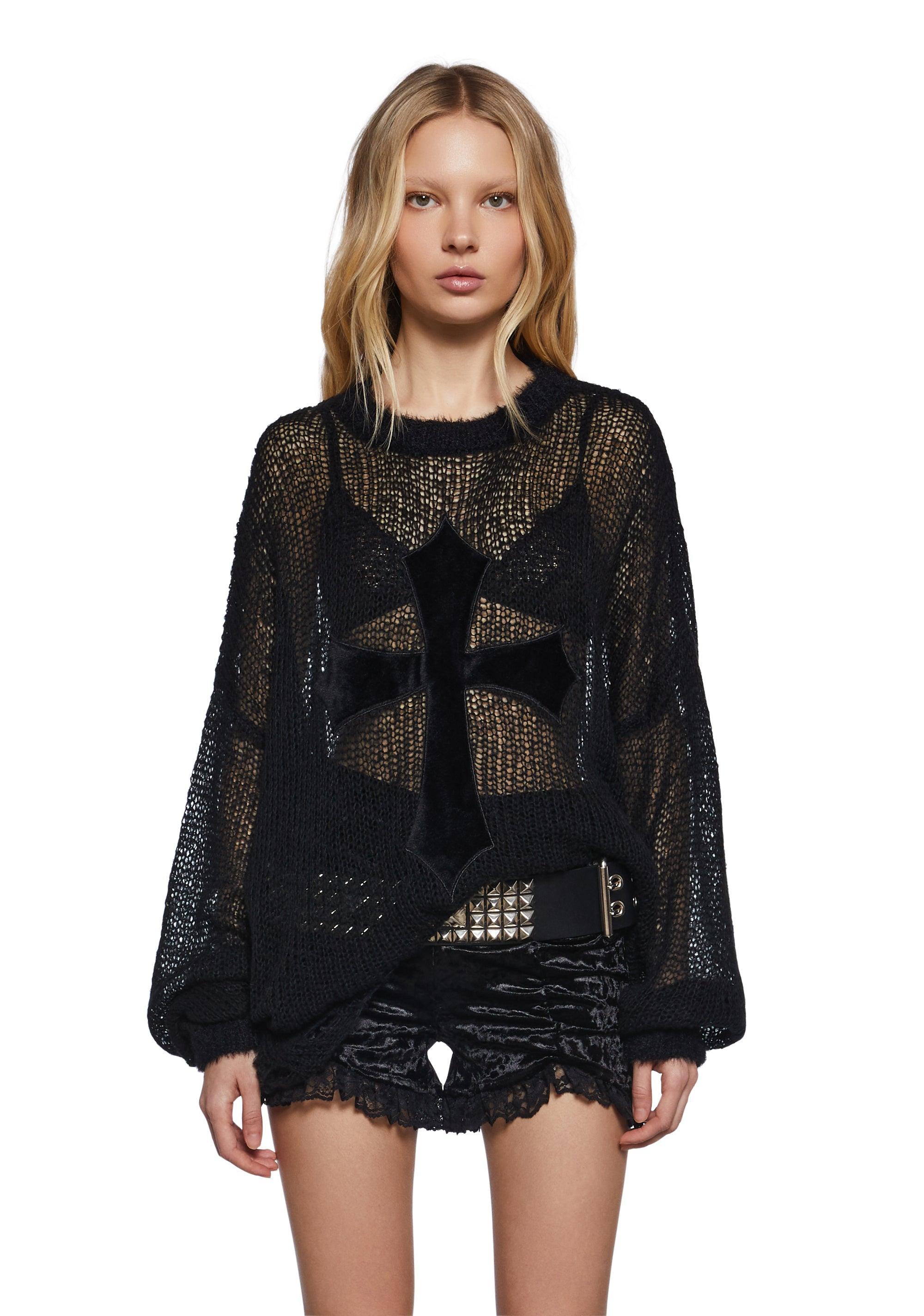 Womens Open Weave Knit Sweater With Cross Graphic Widow - Black Product Image