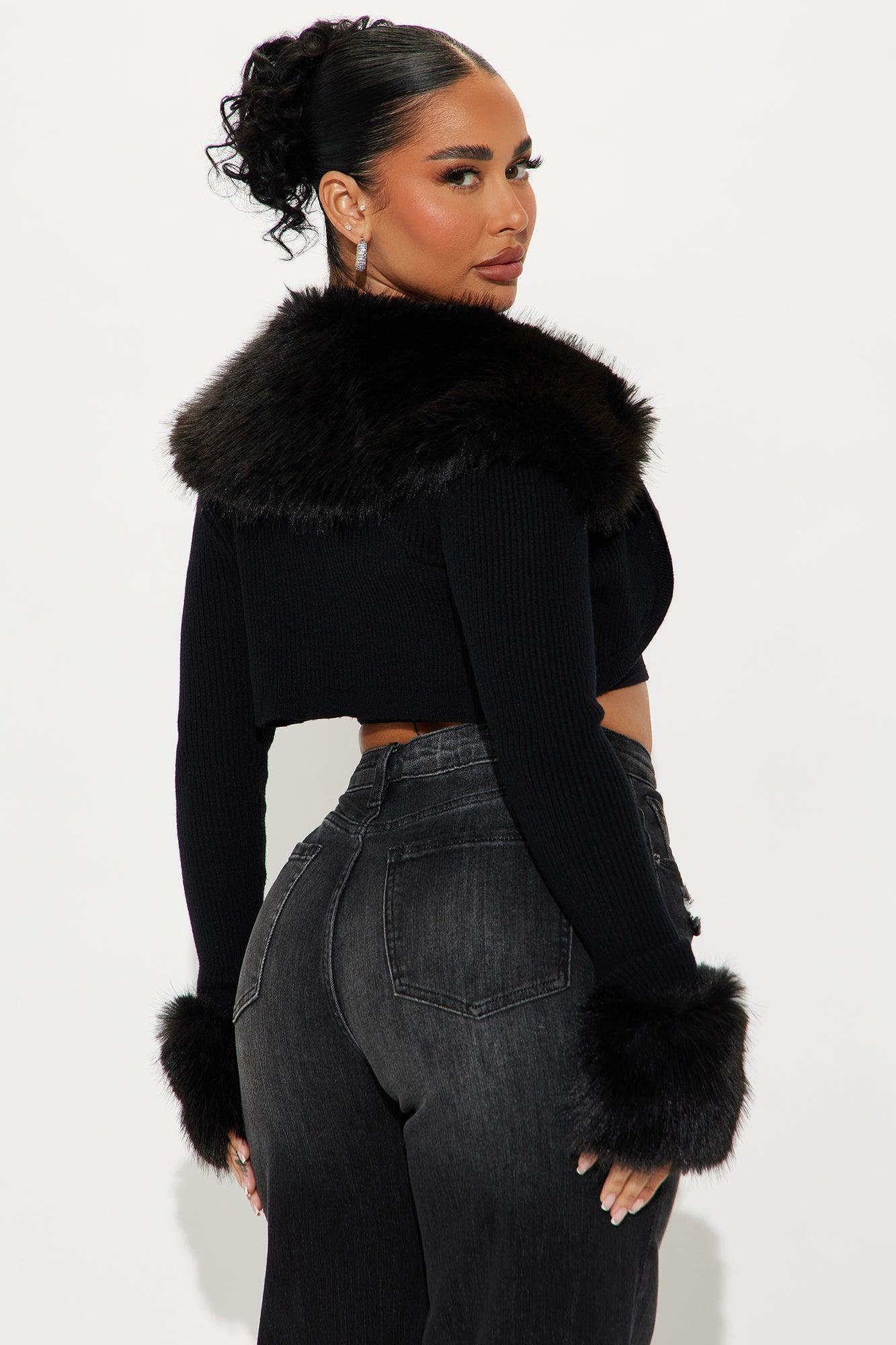 Ice Princess Faux Fur Cropped Cardigan - Black Product Image