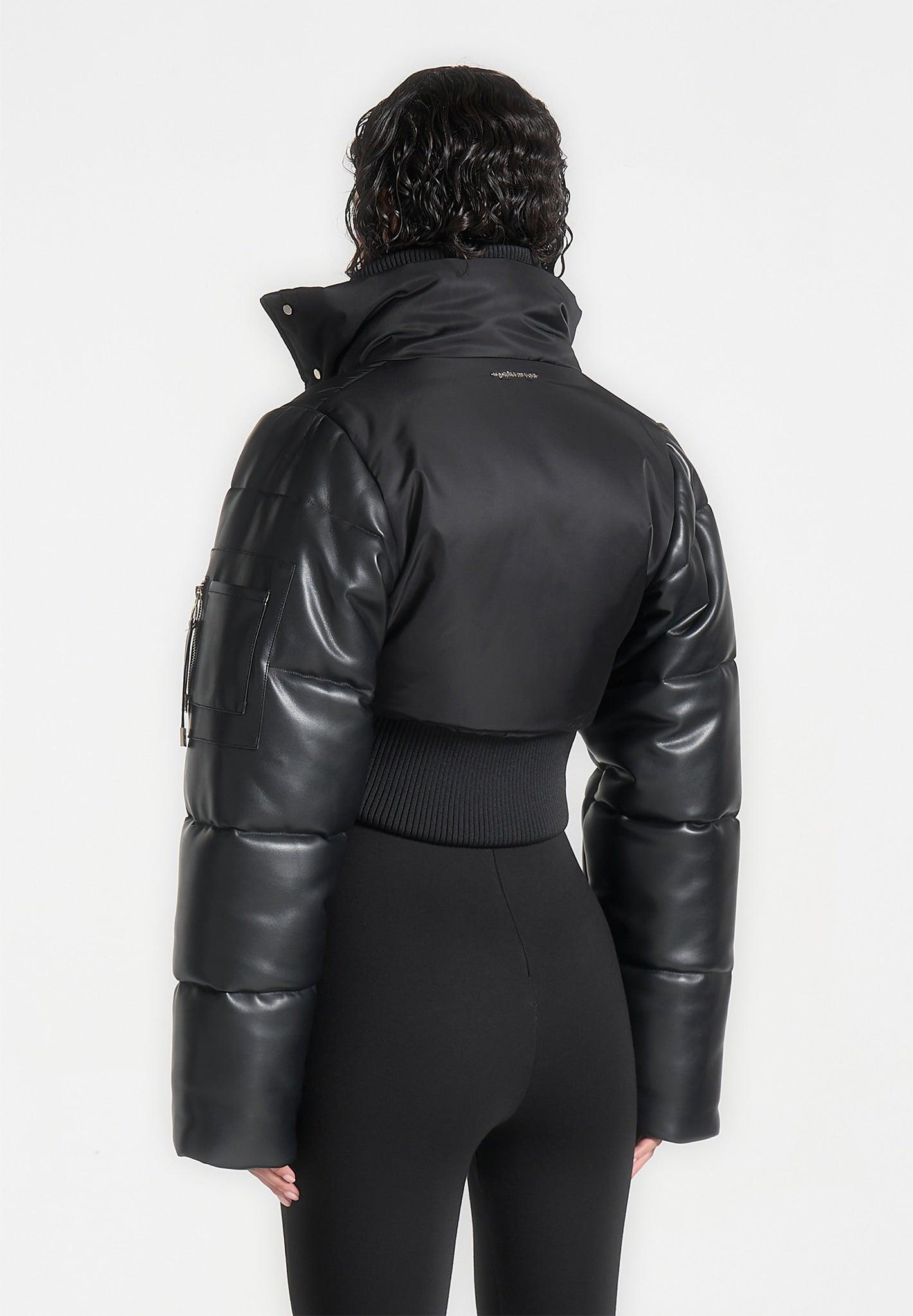 Leather and Nylon Layered Puffer Jacket - Black Female Product Image