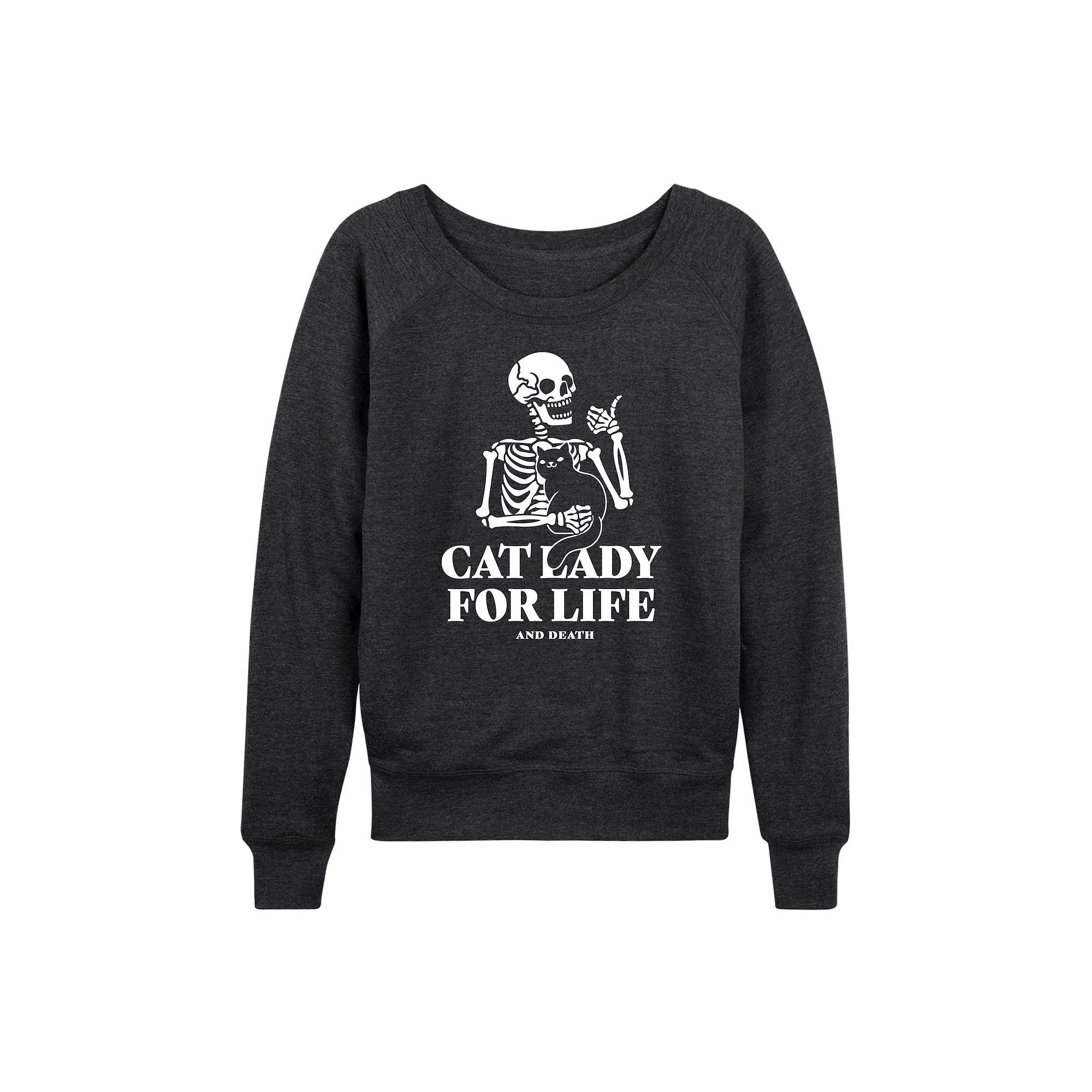 Women's Cat Lady For Life Skeleton French Terry Long Sleeve Tee, Size: Medium, Heather Grey Product Image