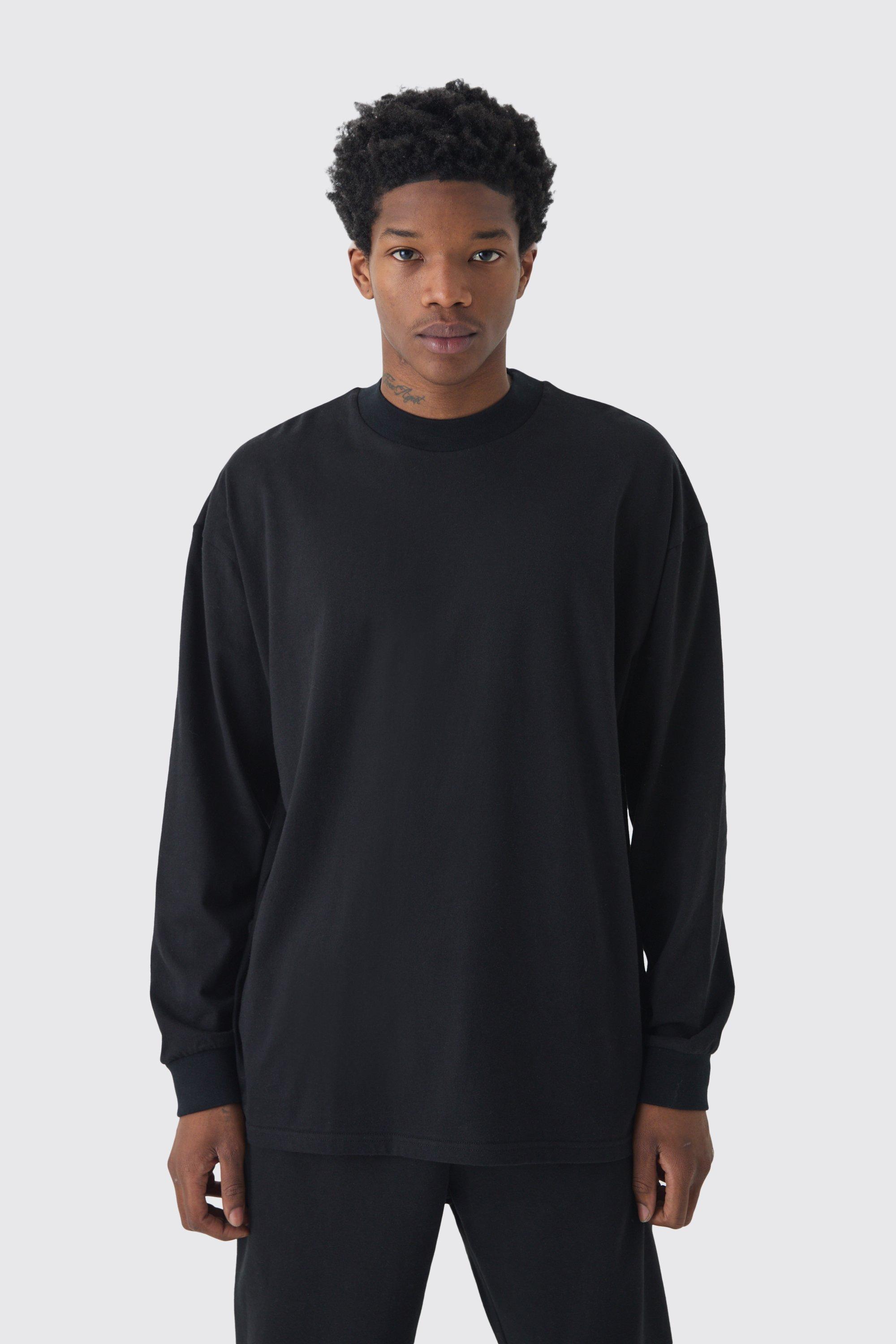 Mens Black Oversized Extended Neck Heavyweight Long Sleeve T-shirt, Black Product Image