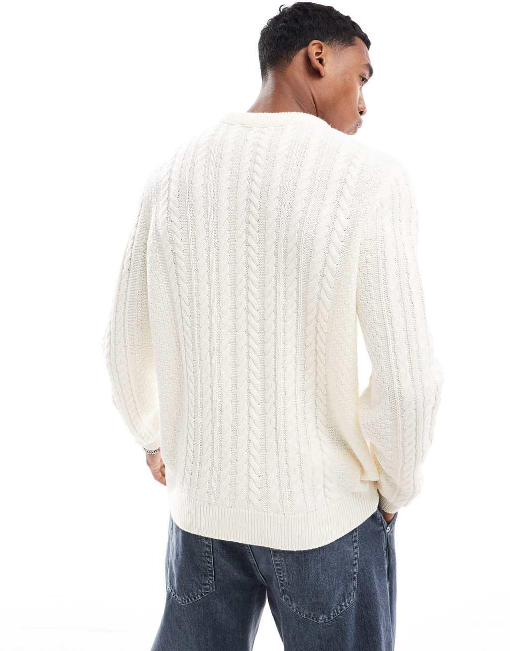 ASOS DESIGN relaxed slouchy crew neck cable knit sweater in ecru Product Image