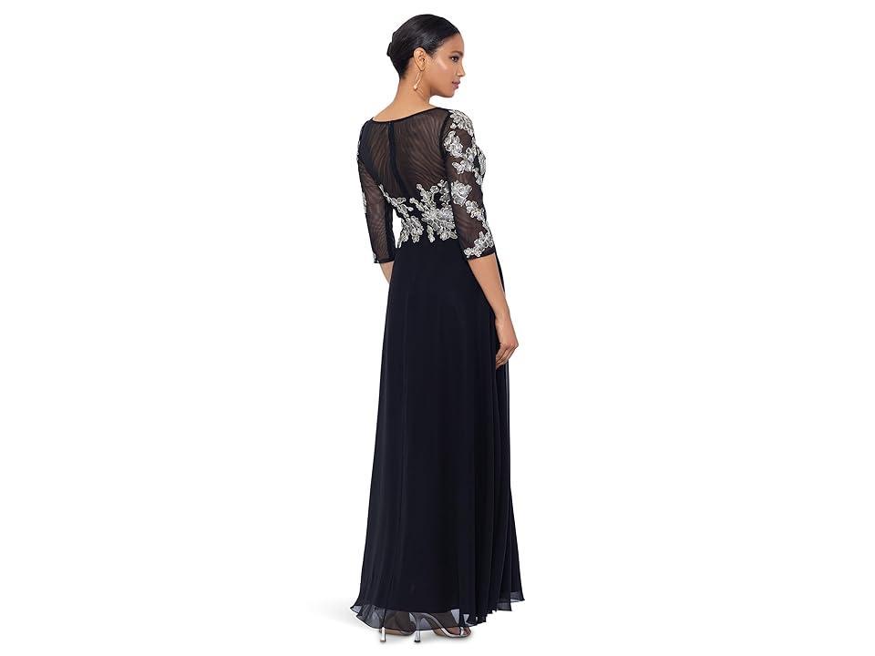 Betsy & Adam Womens Floral-Embroidered 3/4-Sleeve Gown - Black Product Image