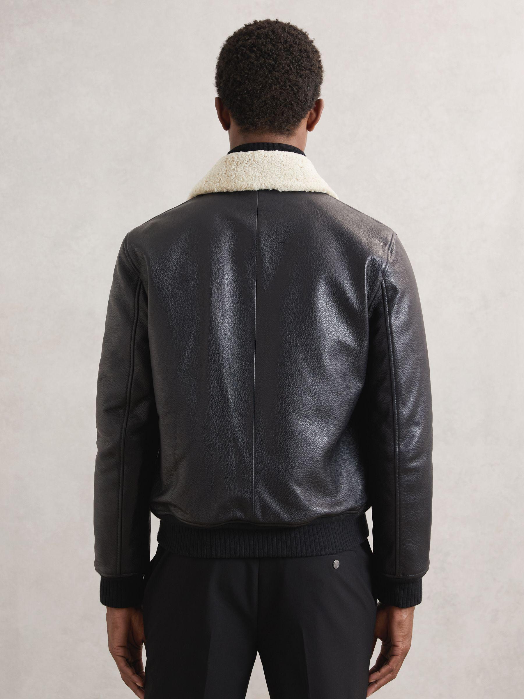 Leather Shearling-Collar Bomber Jacket in Black Product Image