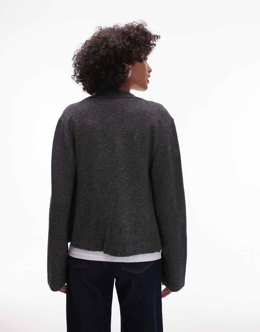 ARKET textured yarn wool cardigan with v-neck and front pockets in dark gray Product Image