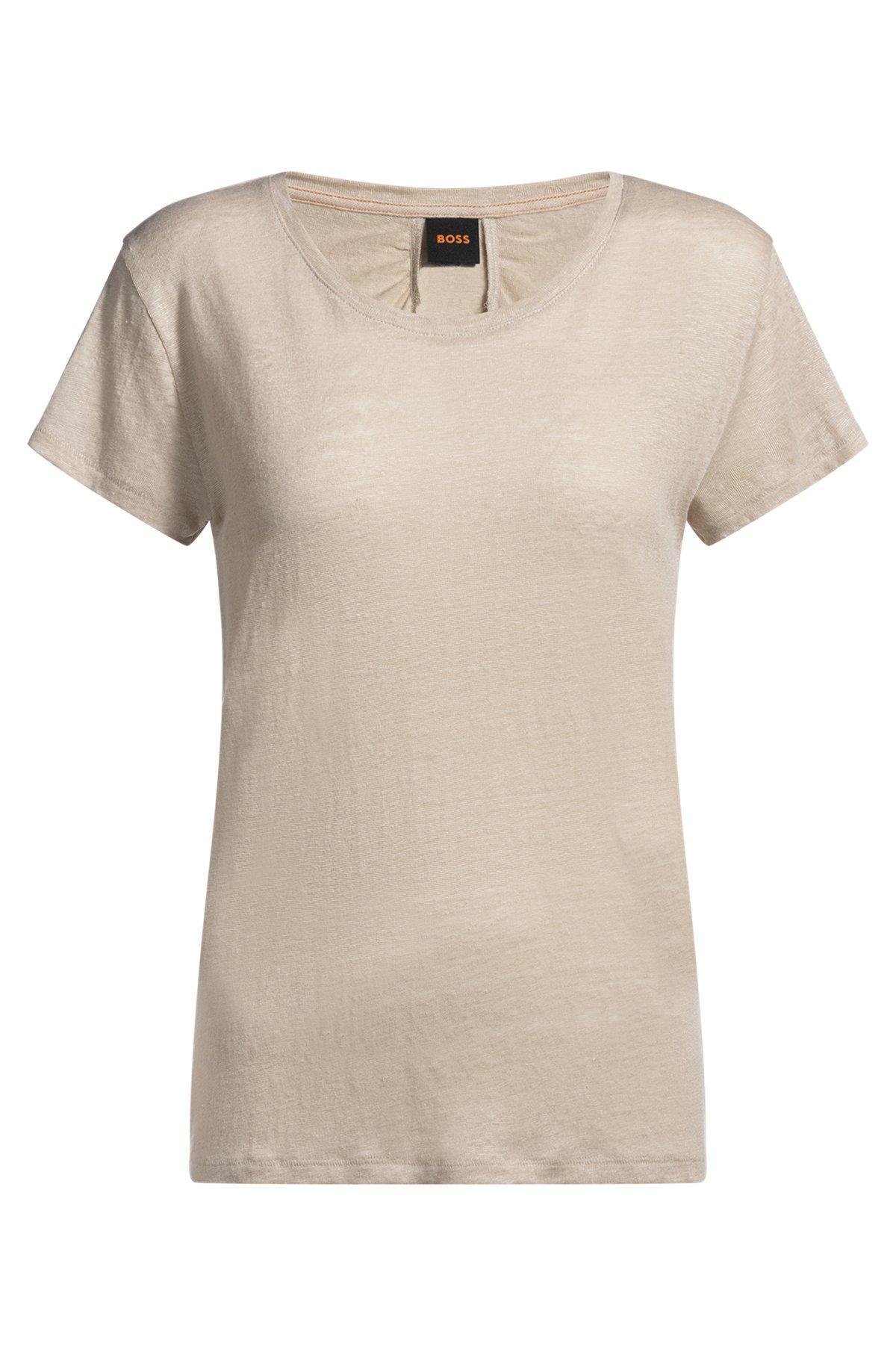 Scoop-neck linen T-shirt with gathered back Product Image