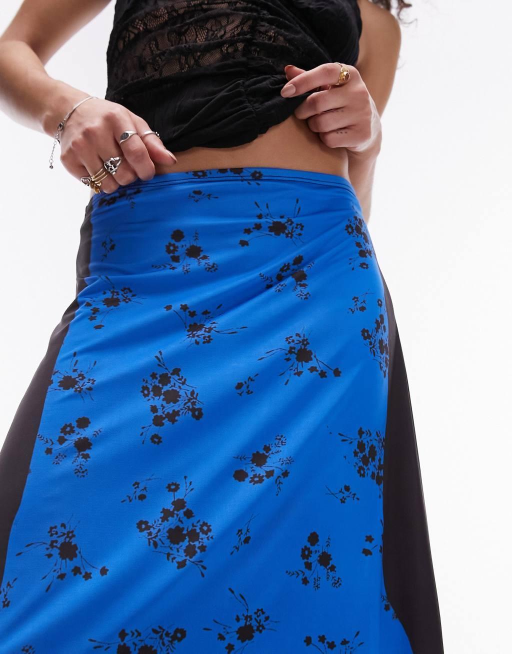 Topshop trompe l'oeil tube jersey maxi skirt in blue floral Product Image