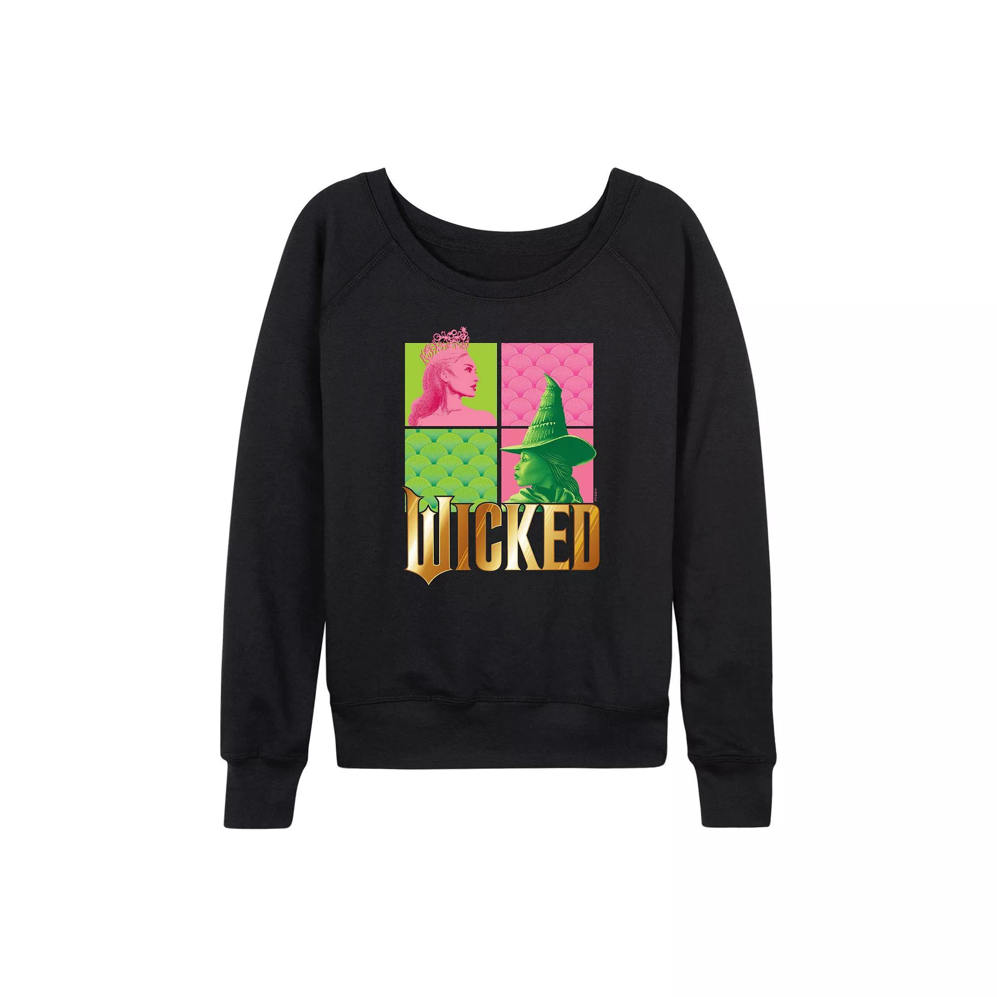 Women's Wicked Elphaba And Glinda Gold Logo Lightweight French Terry Wide Neck Long Sleeve Graphic Shirt Product Image