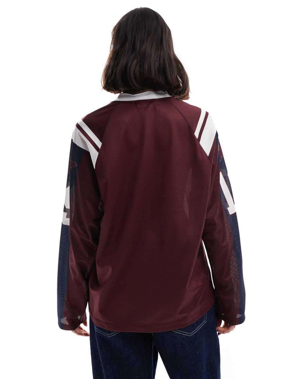 Pull&Bear football jersey long sleeve tee in burgundy Product Image