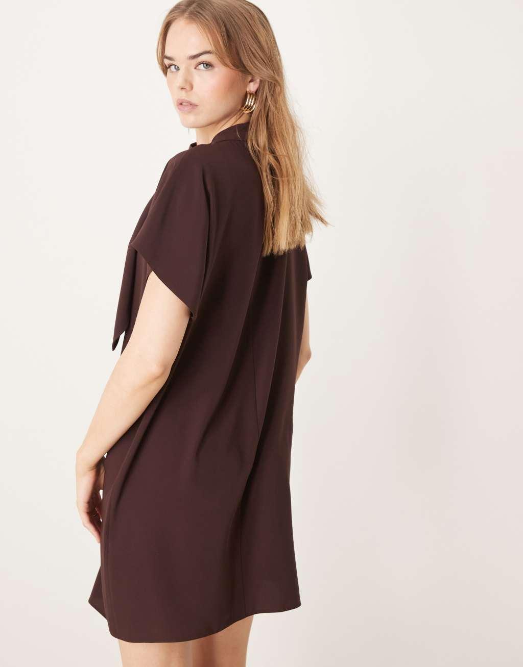 ASOS DESIGN slinky mini dress with neck tie detail in chocolate brown Product Image