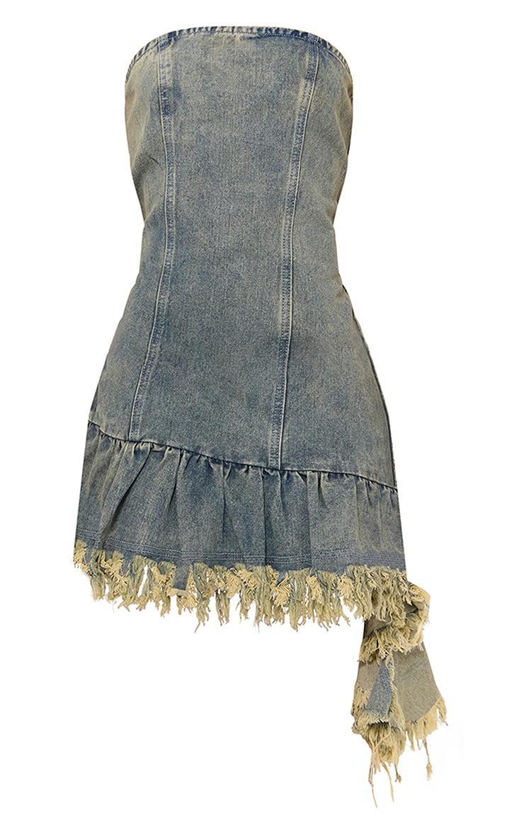 Vintage Frayed Ruffle Asymmetric Hem Denim Mini Dress Product Image