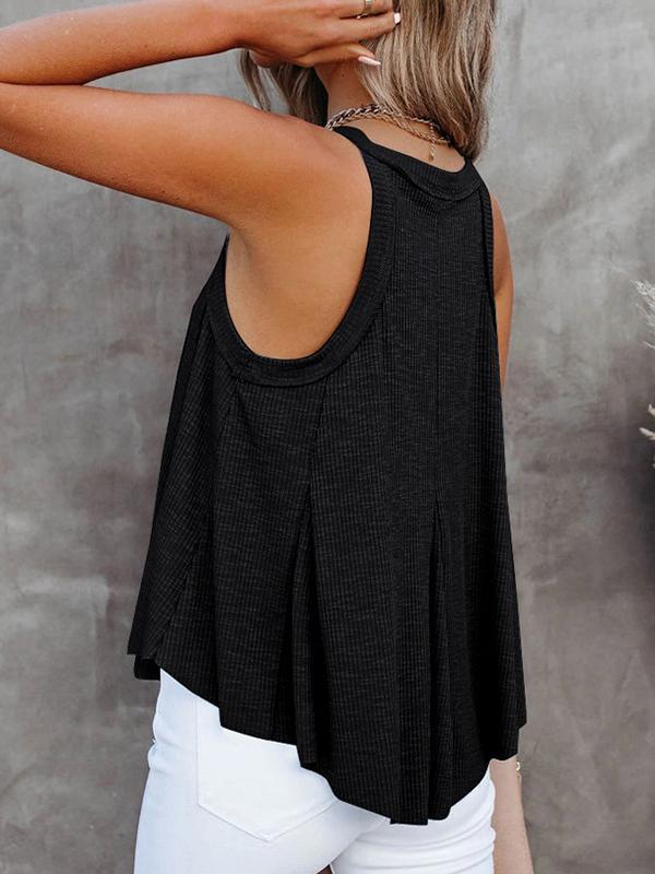 Loose Sleeveless Pleated Solid Color V-Neck Vest Top Product Image