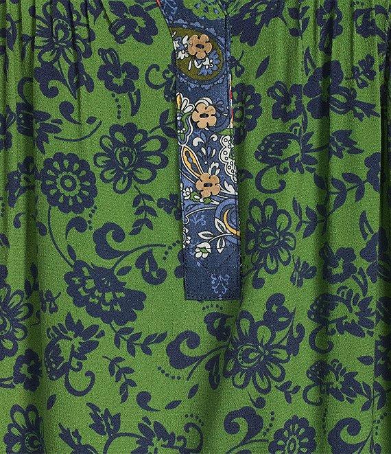 John Mark Embroidered Printed Y-Neck 3/4 Sleeve Pintuck Peasant Tunic Product Image