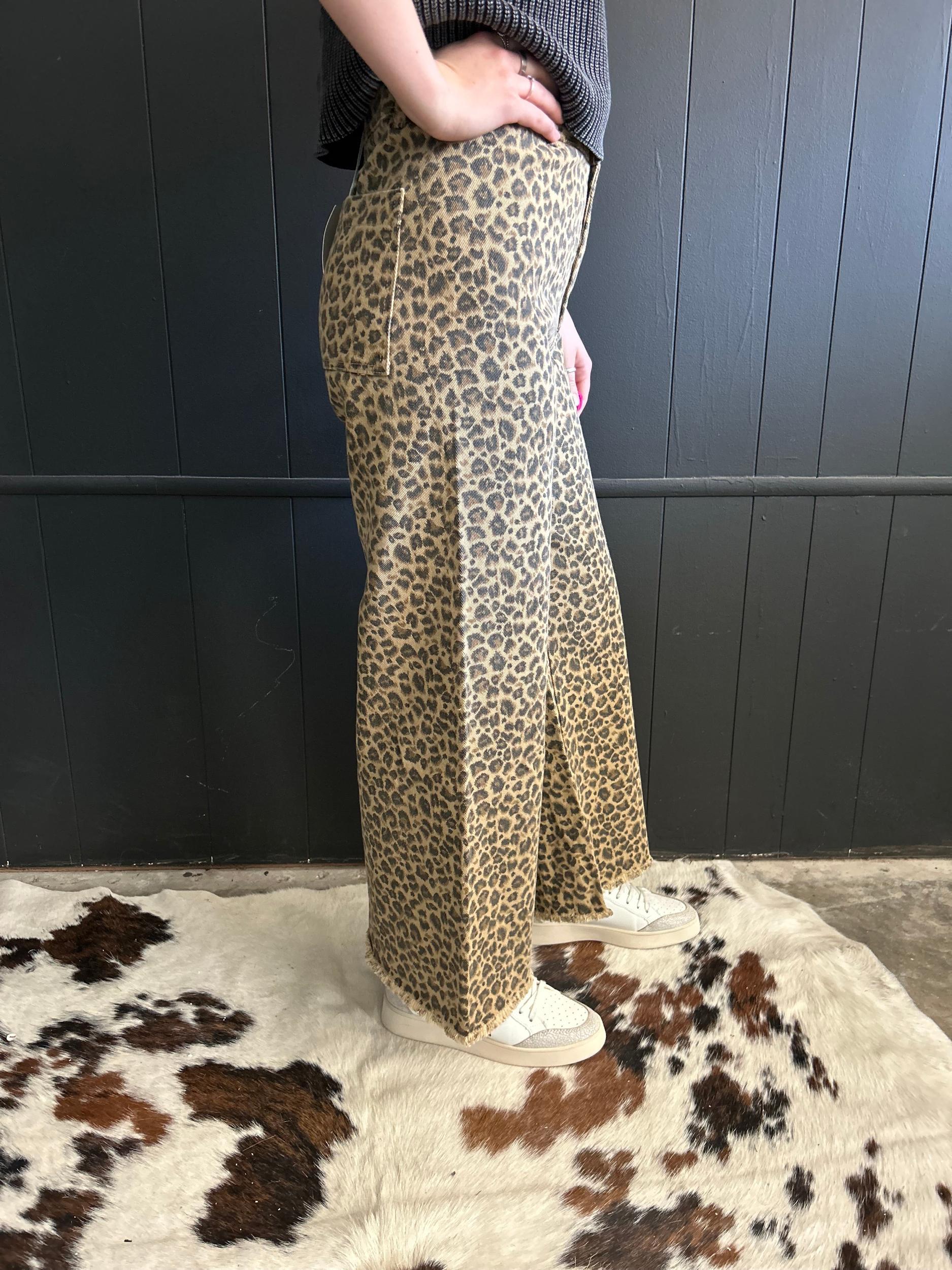 High Rise Leopard Twill Frayed Hem Wide Leg Pants* Product Image
