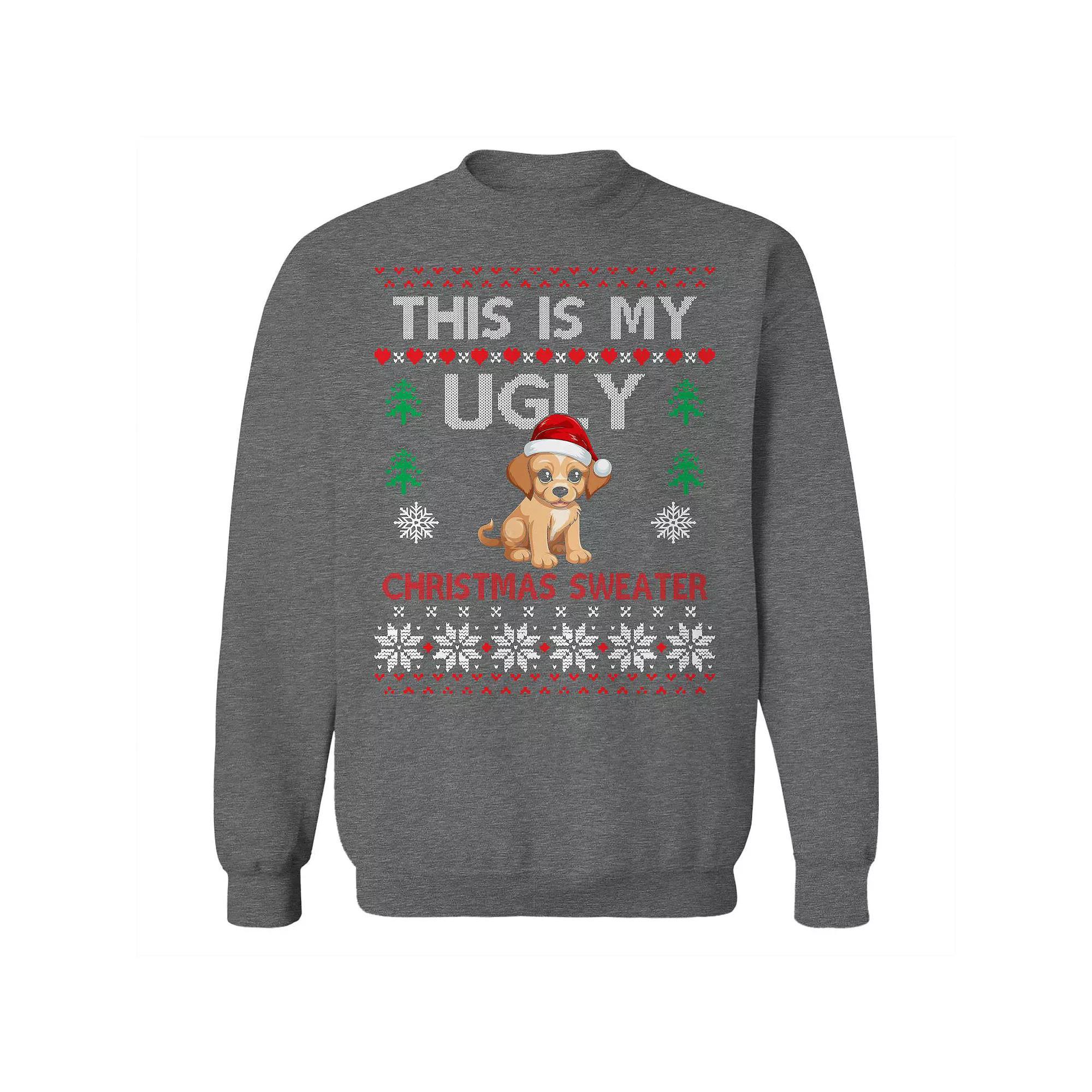 Men's Ugly Puppy Christmas Sweater Graphic Sweatshirt, Size: Large, Grey Heather Product Image