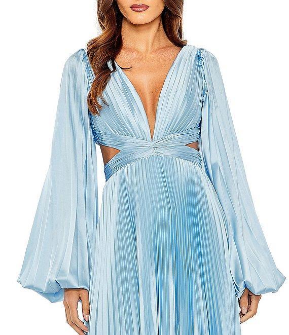 Mac Duggal Long Balloon Sleeve Side Cut-Out Pleated Deep V-Neck Satin A-Line Gown Product Image