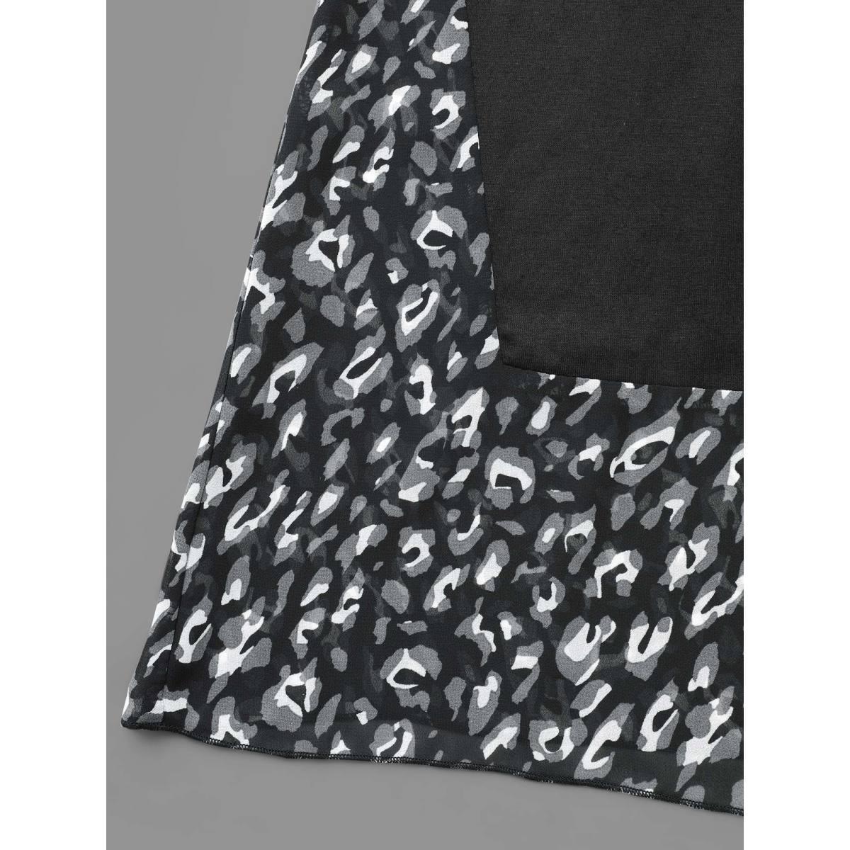 Plus Size Crew Neck Leopard Print Patchwork T-shirt Black Women Elegant Patchwork Round Neck Everyday T-shirts BloomChic 12/L Product Image