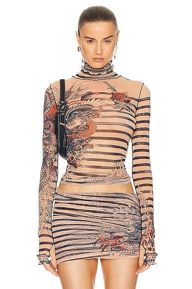 Jean Paul Gaultier Printed Mariniere Tattoo High Neck Long Sleeve Top in Nude Product Image