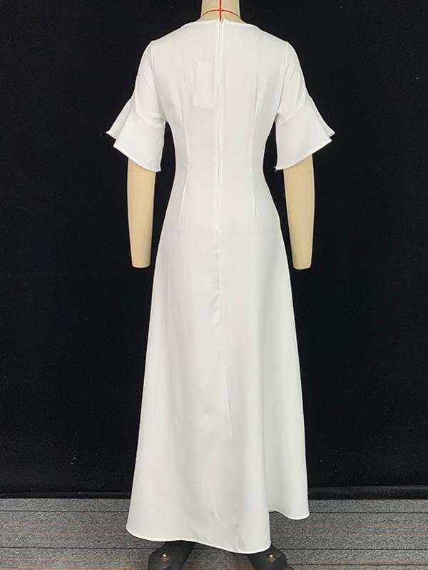 A-Line Flared Sleeves Shiny Solid Color Split-Joint Square-Neck Maxi Dresses Product Image