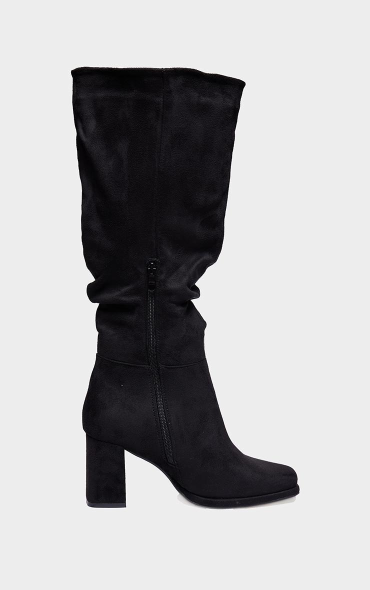 Black Wide Fit Faux Suede Square Toe Ruched High Blocked Heeled Knee Boots Product Image