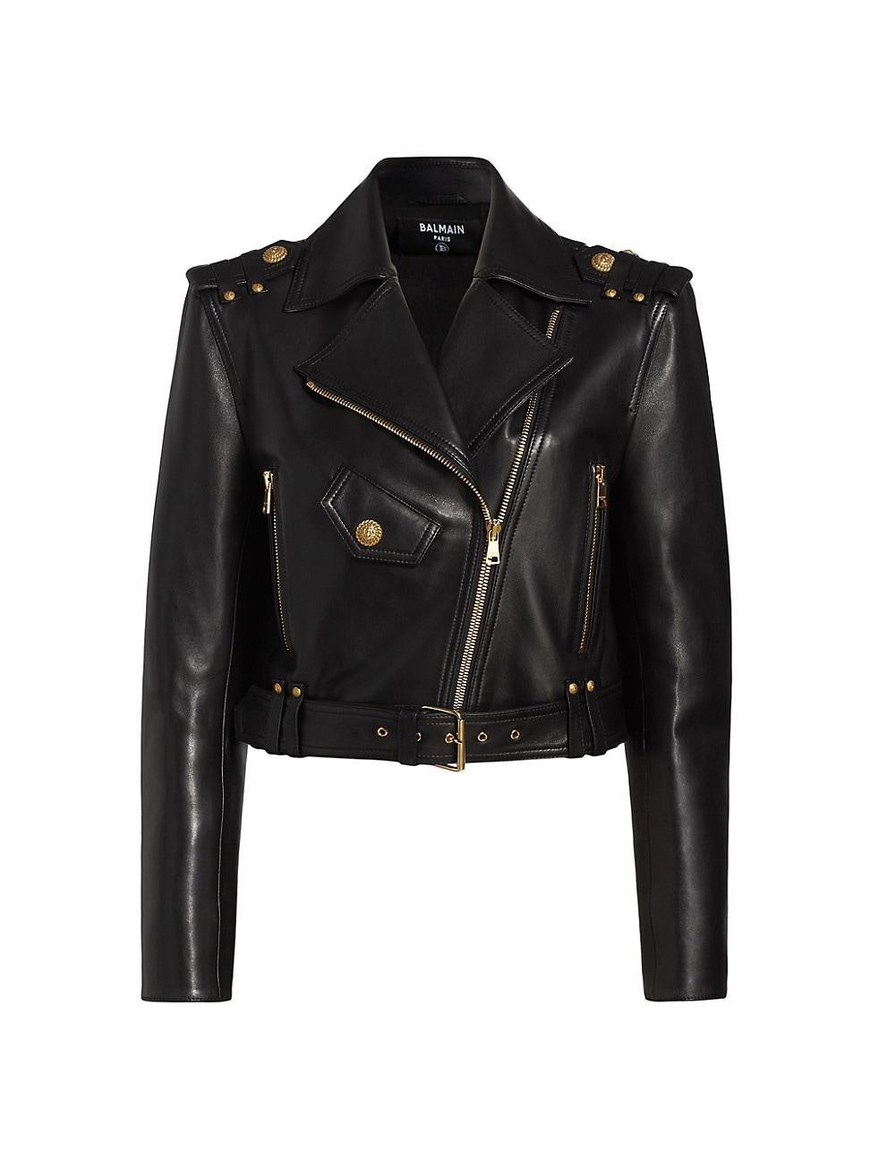 Womens Crop Leather Biker Jacket Product Image