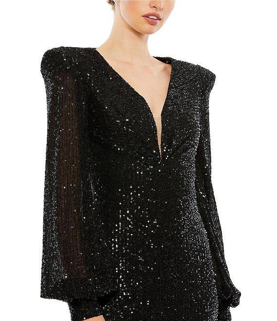 Mac Duggal Deep V-Neck Bishop Sleeve Sequined Gown Product Image