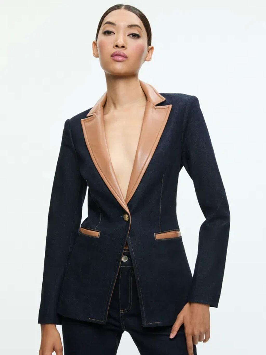 ALICE AND OLIVIA Breann Long Blazer With Vegan Combo In Blue Product Image