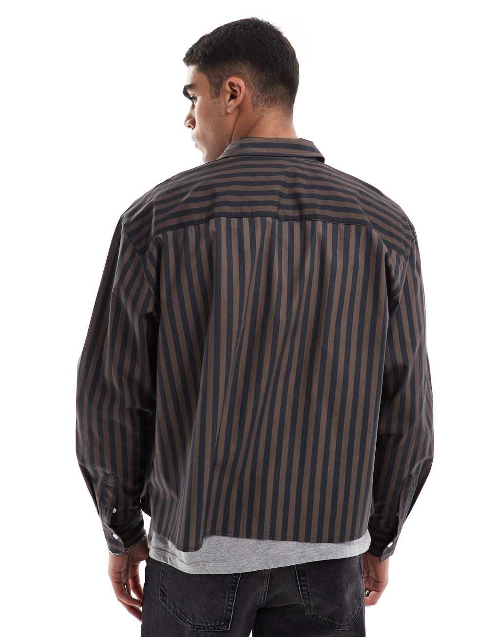 ASOS DESIGN oversized boxy striped shirt in brown Product Image