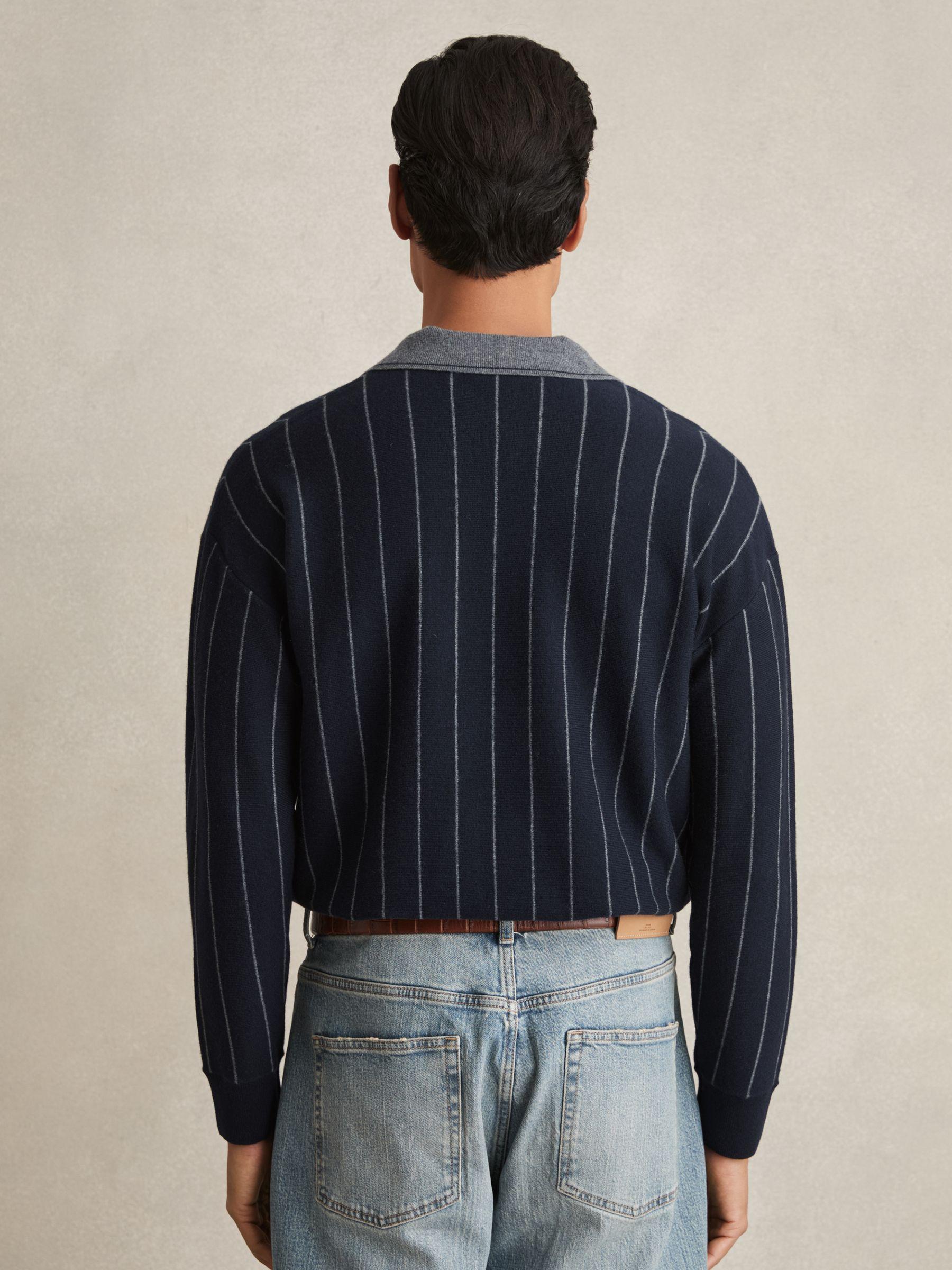 Wool Open-Collar Stripe Polo Shirt in Navy Product Image