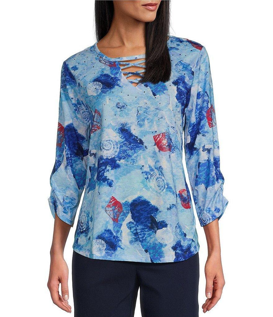 Allison Daley Petite Size Shell Melange Print 3/4 Sleeve Crew Neckline Knit Top Product Image