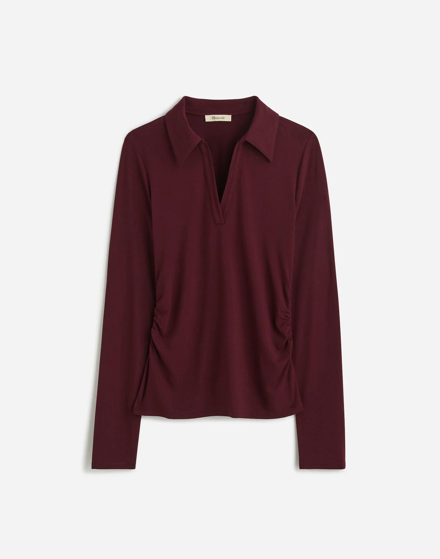 Side-Cinch Long-Sleeve Polo Top Product Image