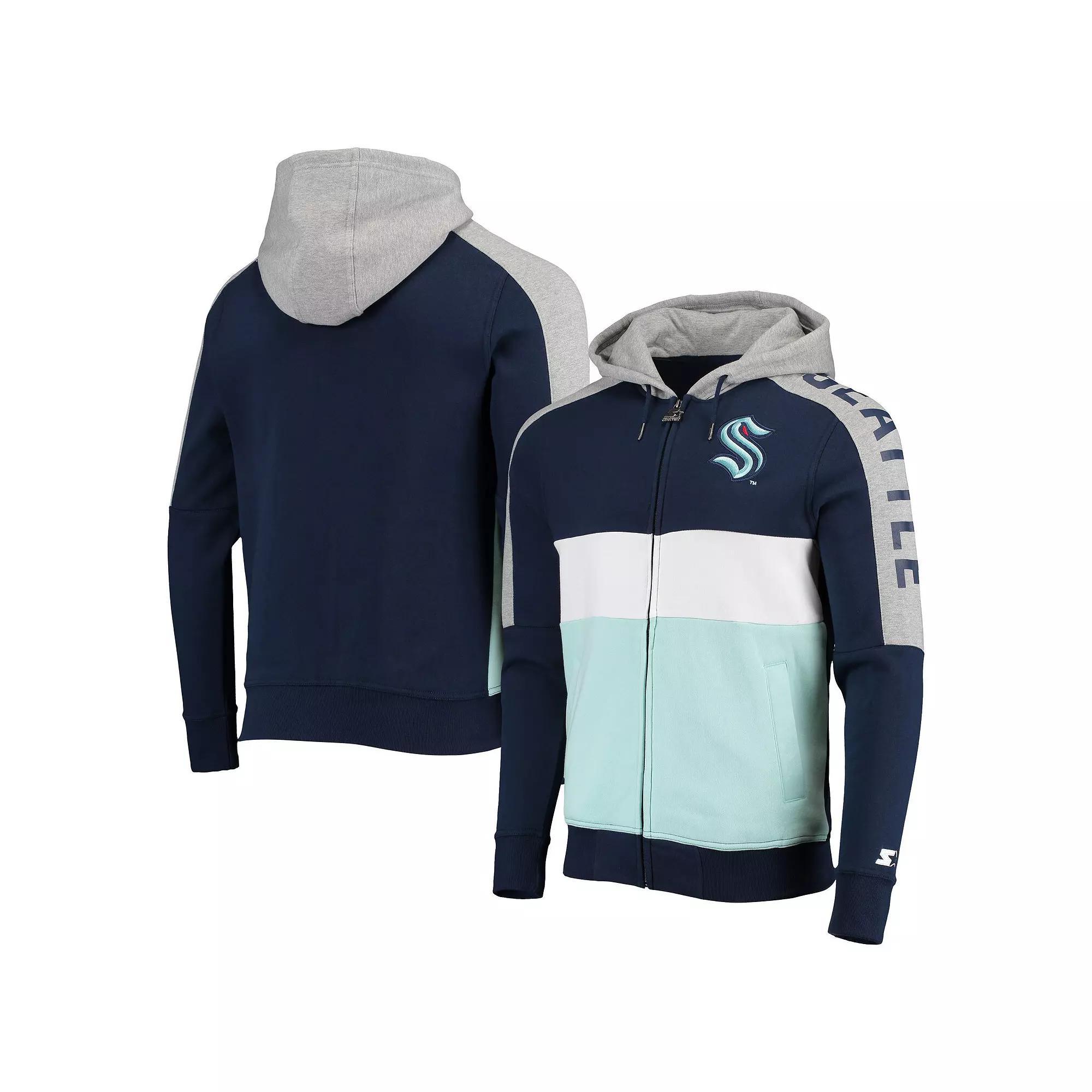 Men's Starter Deep Sea Blue/Blue Seattle Kraken Playoffs Color Block Full-Zip Hoodie, Size: Small, Krk Blue Product Image