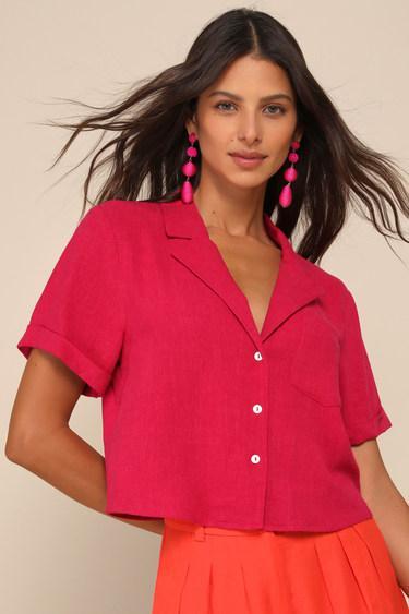 Purest Charm Magenta Collared Button-Up Short Sleeve Top Product Image