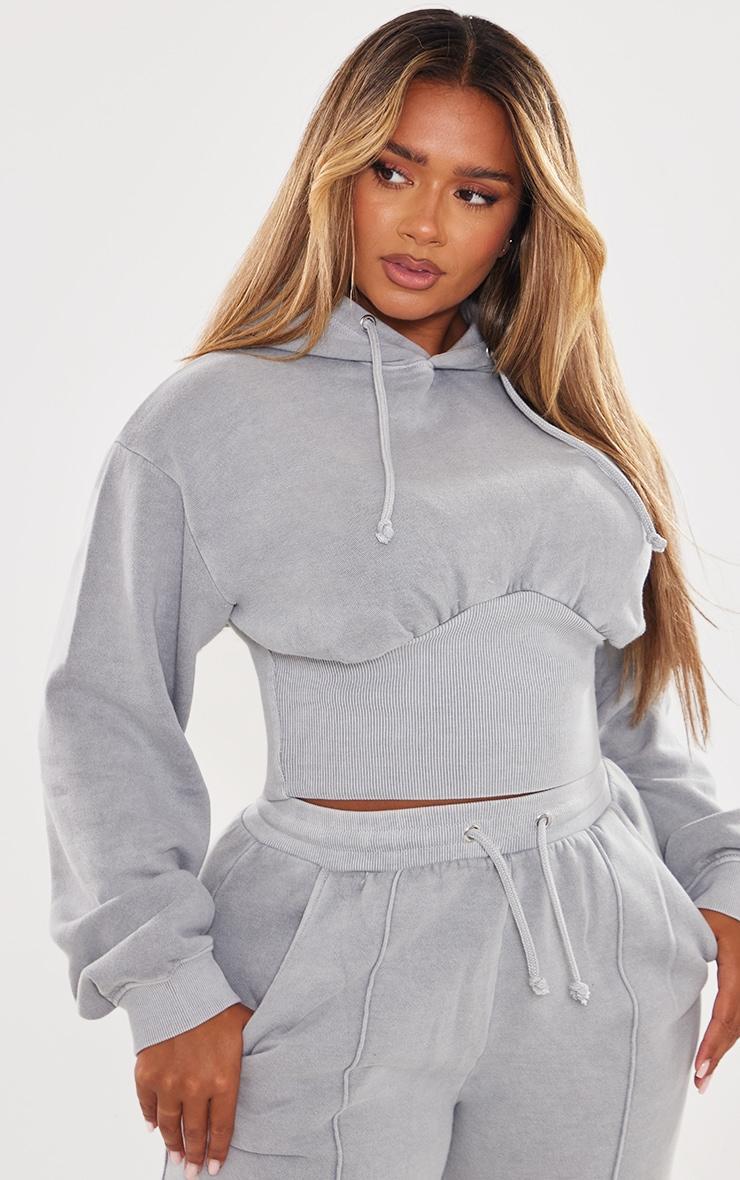 Shape Light Grey Sweat Cropped Shirred Waist Hoodie Product Image