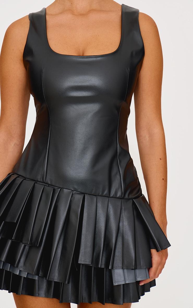 Black Faux Leather Pleated Asymmetric Mini Dress Product Image