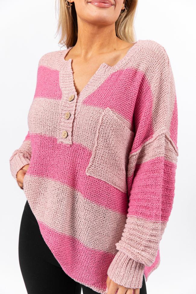 Know You Best Pink Oversized Striped Henley Sweater FINAL SALE Product Image