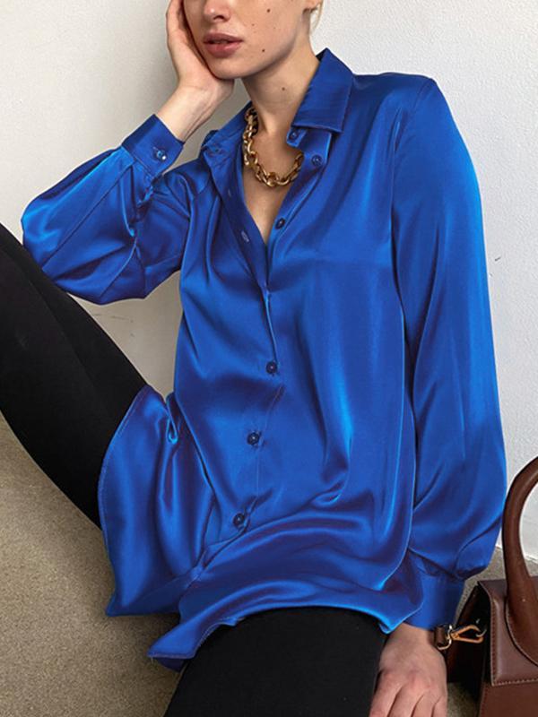 Satin Solid Lapel Neck Long Sleeve Blouse Product Image