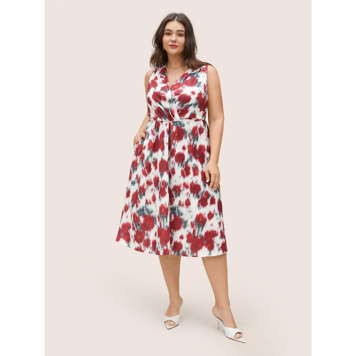 Plus Size Graphic Contrast Pocket Surplice Neck Tank Dress Multicolor Women Elegant Non Overlap Collar Sleeveless Curvy Midi Dress BloomChic 28/5X Product Image