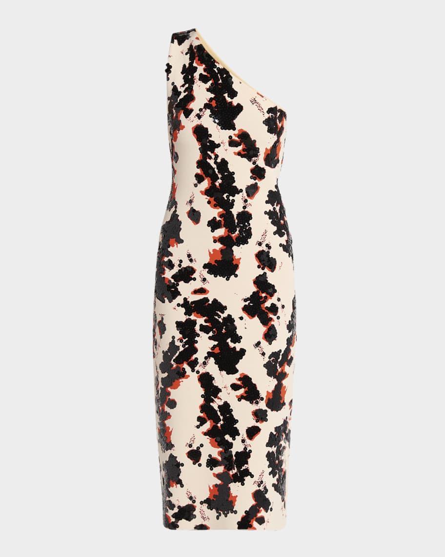 Printed One-Shoulder Sequined Compact Viscose Midi Dress Product Image