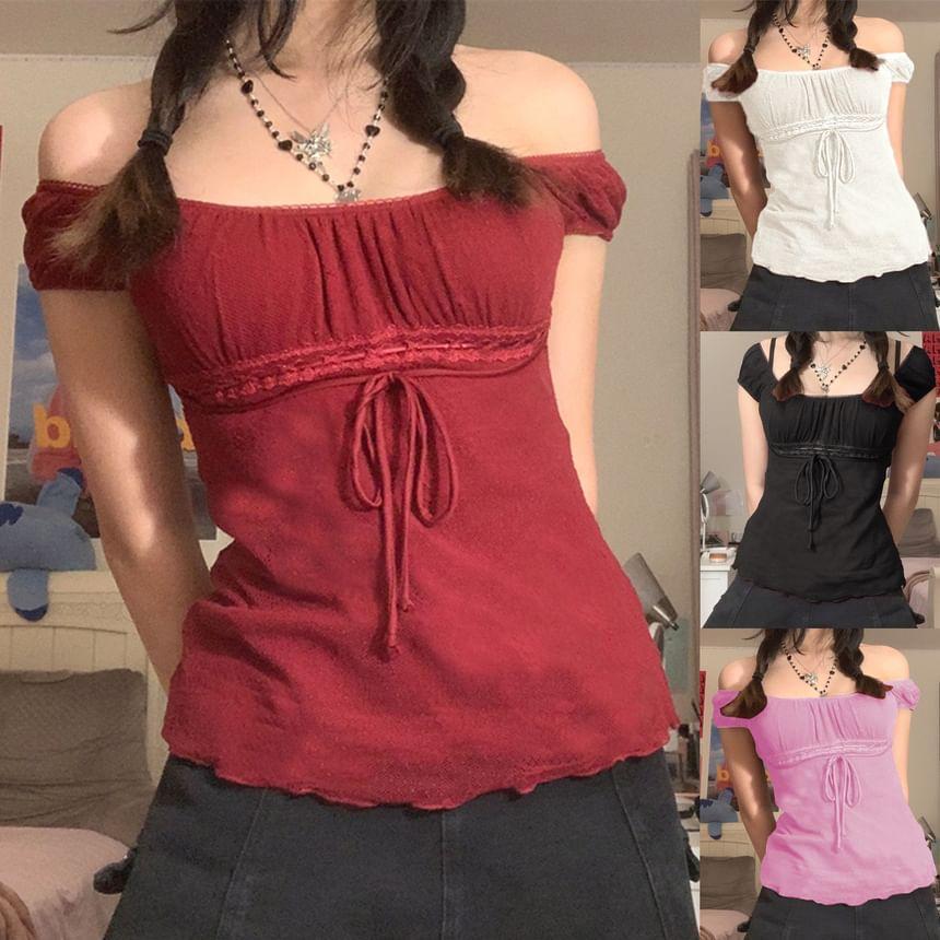 Off-Shoulder Plain Lace-Up Sheer Top Product Image