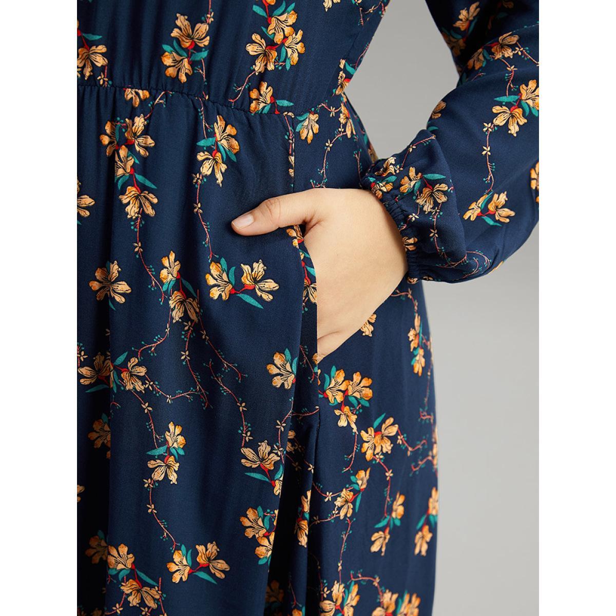 Plus Size Floral Print Elastic Waist Lantern Sleeve Dress DarkBlue Women Elegant Elastic cuffs V-neck Long Sleeve Curvy Midi Dress BloomChic 26/4X Product Image