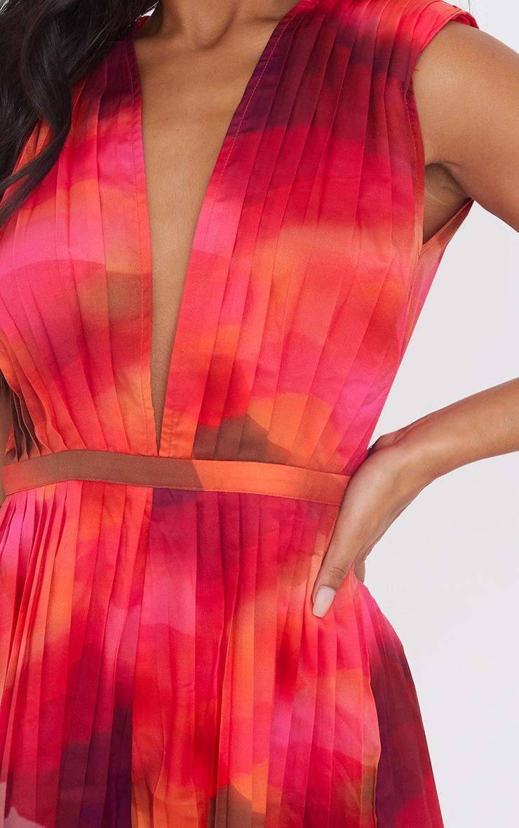 Pink Wave Print Pleated Shoulder Pad Plunge Romper Product Image