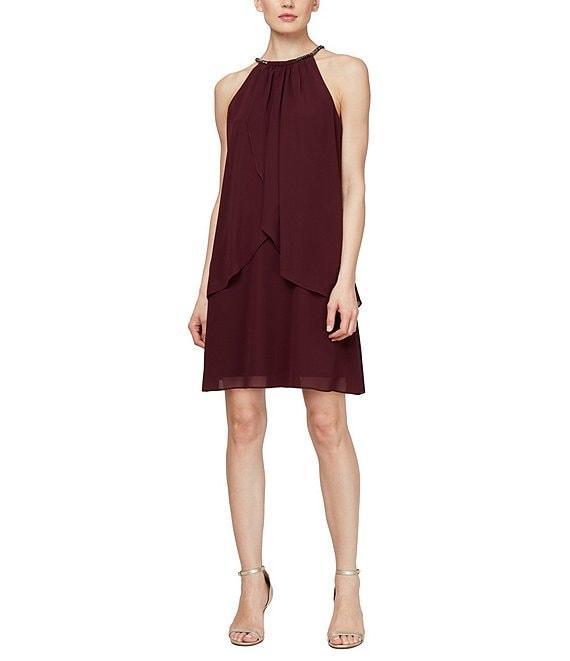 Ignite Evenings Chiffon Sleeveless Embellished Halter Neck Flowy Front Dress Product Image